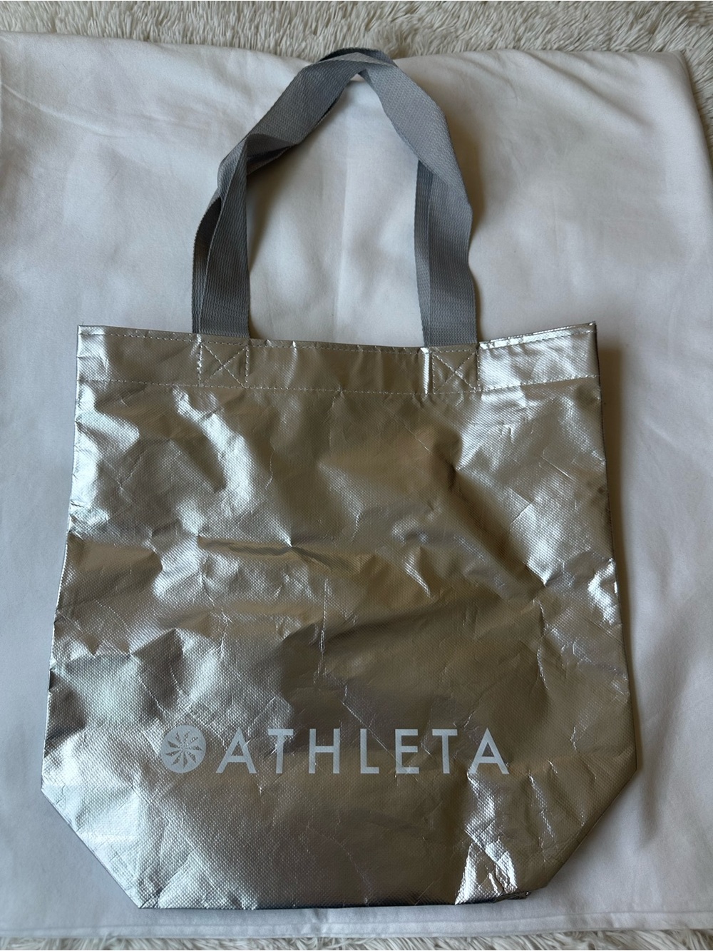 ATHLETA Metallic Silver Reusable Shopping Tote Bag Logo Shopper Carryall